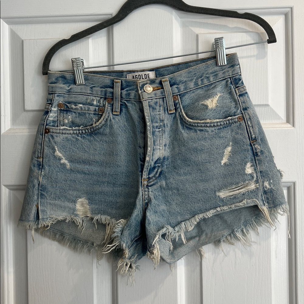 Agolde Vintage Blue Frayed Denim Shorts